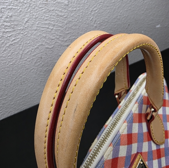 Dooney & Bourke Gingham Zip Satchel Red  Blue Leather Bag - Picture 11 of 16